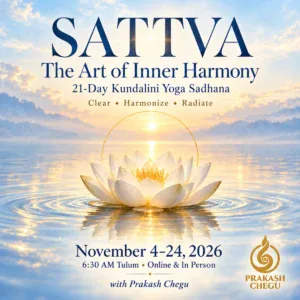 Sattva – The Art of Inner Harmony: 21-Day Kundalini Yoga Sadhana with Prakash Chegu, November 4–24 2026, 6:30 AM Tulum, online and in person — white lotus on golden water